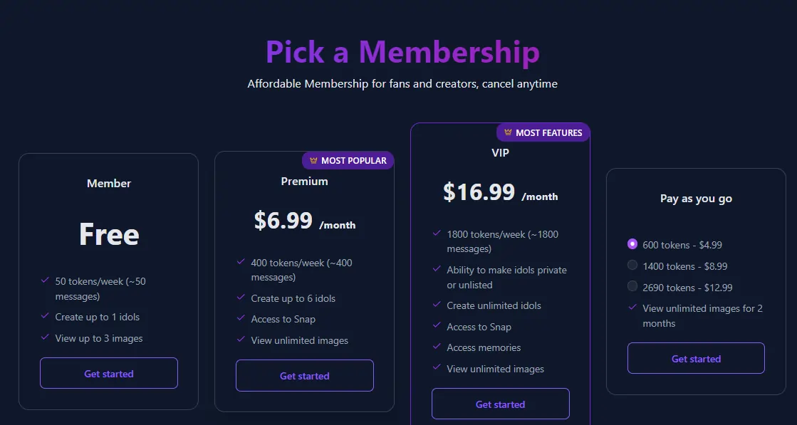 GetIdol pricing